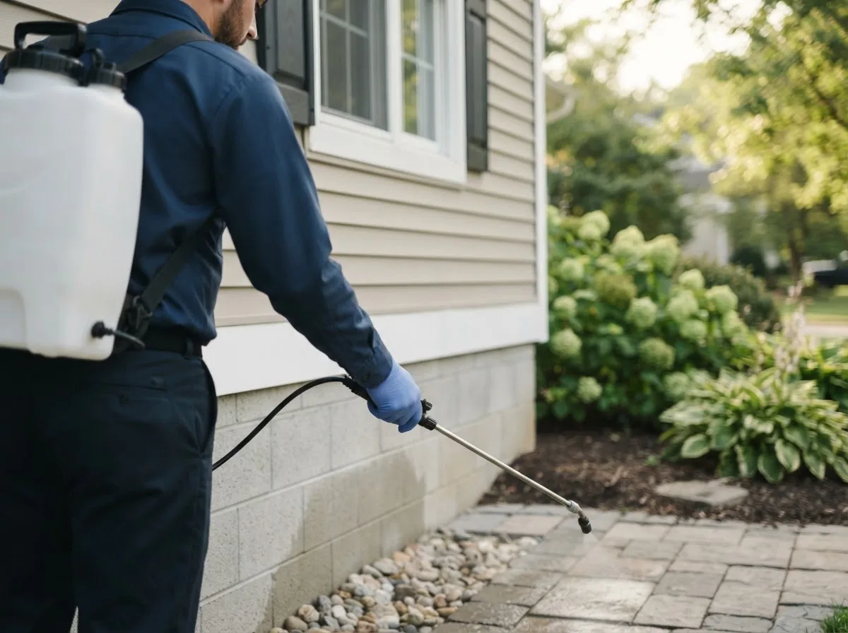 Pest control technician inspecting a home in Freeport, FL